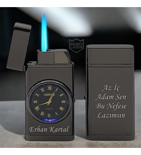 Kişiye Özel Çift Yön Baskı Turbo Jet Işıklı Saatli Çakmak - Kutulu Ve Hediye Paketinde