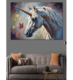 Uçan Kelebekli Beyaz Unicorn Dekoratif Kanvas - Mdf Ahşap Tablo