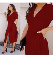 V Yaka önü Yırtmaçlı Bağcık Detay Janes Viskon Elbise 110cm (Bordo)
