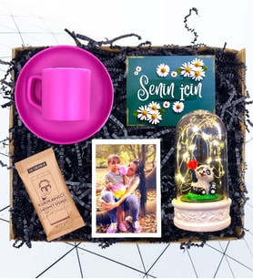 Kişiye Özel Fotoğraflı Set & Renkli Kahve Fincanı & Işıklı Mutlu Pandalı Fanus HA3 (Pembe)