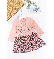 Leopar Desenli Kedi Baskılı Kız Bebek Elbise (Somon)