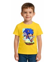 Unisex Sonic Baskılı Çocuk Tişört pamuklu penye kumaş (Sarı)