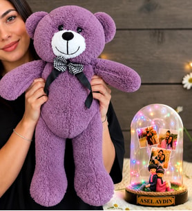 Kişiye Özel 3 Fotoğraflı Renkli LED Işıklı Fanus (sırt sırta biblolu) ve 50 cm Büyük Mor Peluş Ayıcık