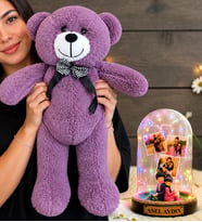 Kişiye Özel 3 Fotoğraflı Renkli LED Işıklı Fanus (sırt sırta biblolu) ve 50 cm Büyük Mor Peluş Ayıcık