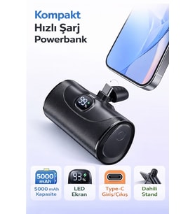 Direkt Telefona Takılan Mini Powerbank 5000 mAh – Type-C Girişli Tüm Cihazlarla Uyumlu, LED Ekranlı, Standlı