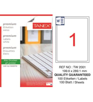 Tanex Lazer Etiket tw-2001 100 A4 Sayfa Laser Etiket 199,6x289,1 mm Boyutunda 1 A4 Sayfada 1 Etiket