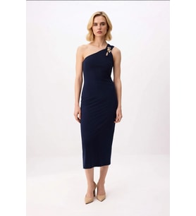 Kadın Asimetrik Yaka Tek Omuz Bodycon Midi Elbise Aksesuar Detaylı Esnek Örme Kumaş Günlük Rahat