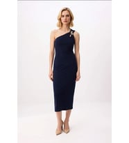 Kadın Asimetrik Yaka Tek Omuz Bodycon Midi Elbise Aksesuar Detaylı Esnek Örme Kumaş Günlük Rahat