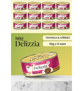 Plus Delizzia / Sos İçinde Parça Etli Tavuklu & Ciğerli Yetişkin Kedi Maması 85g x 12 Adet