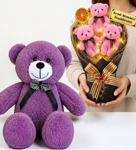 Kişiye Özel Led Işıklı Peluş Ayıcık Buketi ve 50 cm Büyük Boy Mor Peluş Ayıcık Hediye Seti