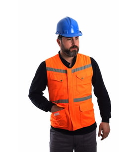 ESER - V Yaka Fosforlu Harman Kumaş Yelek - Turuncu