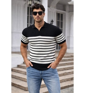 Erkek Çizgili Triko Polo Yaka Slim Fit T-Shirt