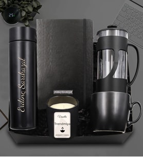 Kişiye Özel 500 ML Siyah Dereceli Termos & Siyah French Press & Siyah Defter & Siyah Kupa & Vanilya Kokulu Bardak Mum Hediye Seti