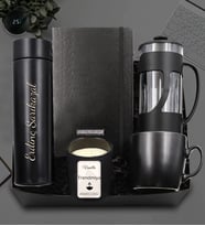 Kişiye Özel 500 ML Siyah Dereceli Termos & Siyah French Press & Siyah Defter & Siyah Kupa & Vanilya Kokulu Bardak Mum Hediye Seti