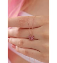925 Ayar Gümüş Zincirli Rose Kaplama Kırmızı Taşlı Kelebek Modeli Kolye