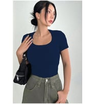 Rooted-Kadın Kare Yaka T-shirt & Bluz , Likralı Fitilli Kaşkorse Kumaş