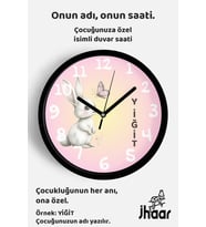 İsme Özel Sevimli Tavşan Çocuk Odası Duvar Saati Orta Boy 30 cm Siyah Camlı Sessiz