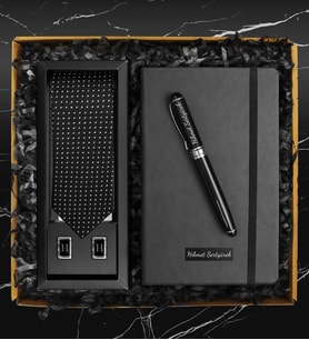 Kişiye Özel İkili Kol Düğmesi & Exclusive Kravat & Kişiye Özel Defter & Roller Kalem Hediye Seti