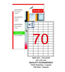 Bilgisayar Etiketi Tw-2070 40x20 mm 100 Lü Lazer Etiket 1 Paket Tanex Davetiye Kargo Koli Kutu Etiketi (Beyaz)