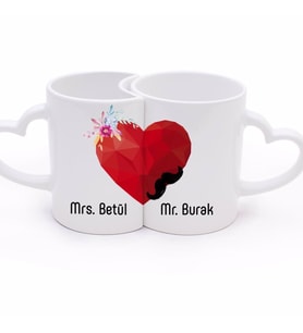 Sevgililer Günü Beyaz İsimli Kalpli Çift Kupa Bardak