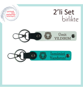 Babaya Karizmatik Hediye Seçeneği, Aslan Figürlü Kişisel İsimli Anahtarlık Set, Beyaz-Koyu Turkuaz