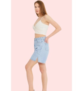 Kadın Pamuk Denim Şort Normal Bel Geniş Paça Düz Desen Günlük Stil Yaz Aylarının Vazgeçilmezi (Açık Mavi)