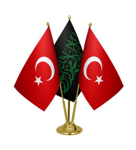 Masa Üstü Siyah Kelimei Tevhid Bayrağı Türk Bayrağı Üçlü Pirinç Direk Masa Bayrak Seti