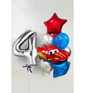 4 Yaş Şimşek Araba Temalı Balon Seti 76cm Gümüş Rakam Balonlu Yıldızlı Set