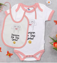 BK Kids Kişiye Özel İlk Diş Tasarımlı Pembe Bebek Body Zıbın ve Mama Önlüğü Hediye Seti