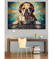Dj Seti Başında Kulaklıklı Bulldog Dekoratif Kanvas - Mdf Ahşap Tablo