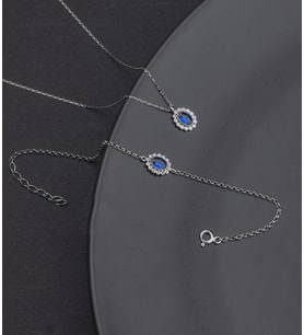 925 Ayar Gümüş  Oval Safir Model Kolye Ve Bileklik Takı Seti