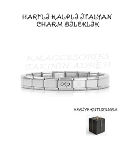 Çelik Bileklik İtalyan Charmlı Kalpli Harfli Kararmaz Solmaz En Güzel Hediye 1 Adet Uniseks Kutulu