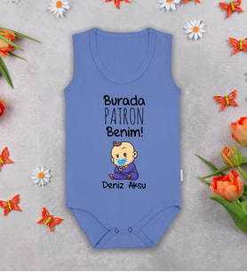 BK Kids Kişiye Özel Burada Patron Benim Mavi %100 Pamuklu Askılı Sıfır Kol Bebek Body Zıbın, Yeni Doğan Bebek Hediyesi