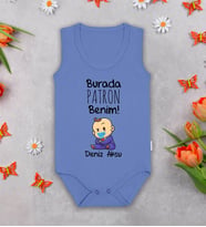BK Kids Kişiye Özel Burada Patron Benim Mavi %100 Pamuklu Askılı Sıfır Kol Bebek Body Zıbın, Yeni Doğan Bebek Hediyesi