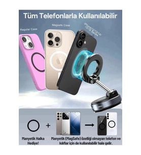 360 Dönebilen Ayarlanabilir Araç Içi Tutucu Kullanılabilen Vakumlu K007 Magsafe Telefon Tutucu
