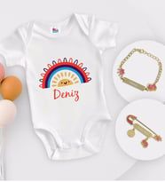 BK Kids Kişiye Özel İsimli Beyaz Bebek Body Zıbın Kız Bebek Künyesi ve İğnesi Hediye Seti-1
