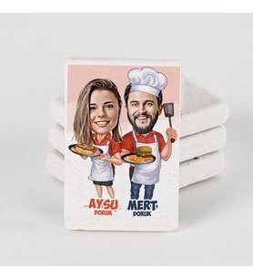 Kişiye Özel Aşçı Sevgililer Karikatürlü Taş Buzdolabı Magneti