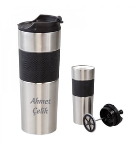 Wings French Press Brushed İsme Özel Çelik Termos 450ml.  304 Paslanmaz Çelik - Kaydırmaz Taban - Süzgeçli - Kilitli Bardak Kapak - Sızdırmaz (Karışık)