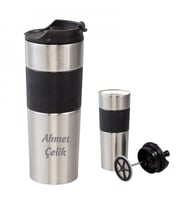 Wings French Press Brushed İsme Özel Çelik Termos 450ml.  304 Paslanmaz Çelik - Kaydırmaz Taban - Süzgeçli - Kilitli Bardak Kapak - Sızdırmaz (Karışık)