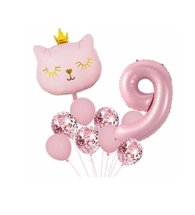 Taçlı Pembe Kedi 9 Yaş Folyo Balon Set