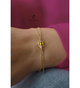 Arılı bileklik  Mineli Beyaz Taşlı Bereket Şans Sembolü 925 Ayar Gümüş zincir Bileklik (Gold)