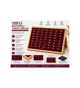 120’li Bastırmalı Yüzük Tablası, Bambu Çerçeveli, Bordo Kadife 25x35cm