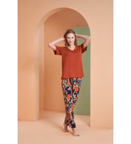 Pjs Kadın Kiremit Desenli V Yaka Kısa Kollu Pijama Takım