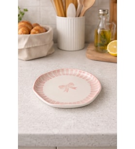 1 adet Fiyonk Desenli Pembe Çizgili Pasta Tabağı- 21 cm