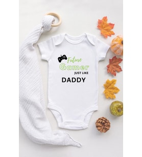 Gamer Daddy Baskılı %100 Pamuklu Organik Baskılı Beyaz Çıtçıtlı Bebek Body Zıbın Bebek Badi