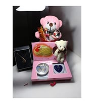Sevgiliye Romantik Hediye Kutusu  Kar Küresi  Çelik Alya Kolye  Peluş Kalp Kutulu Ayıcık (Pembe)
