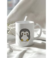 Sevimli Penguen Figürlü 330ml Baskılı Beyaz Seramik Kupa Bardak