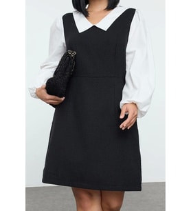 Moda Stil Relaxed Gömlek Yaka Midi Boy Büyük Beden Tüvit Dokuma Büyük Beden Elbise (Siyah)
