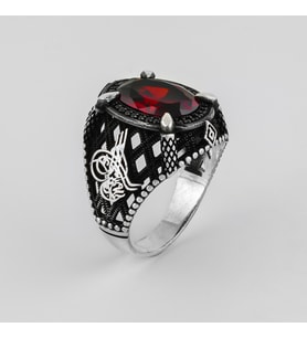Kartal Tırnak Detaylı Zirkon Taşlı Yanlardan Osmanlı  Tuğrası 925 Ayar Gümüş Erkek Yüzük (Kırmızı)