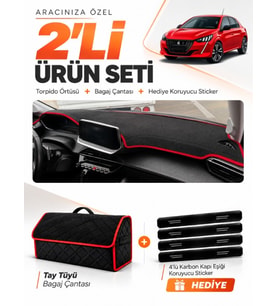 PEUGEOT 208 (2020-2024) Uyumlu Torpido Örtüsü + Tay Tüyü Bagaj Çantası + Sticker Seti - Siyah Kırmızı